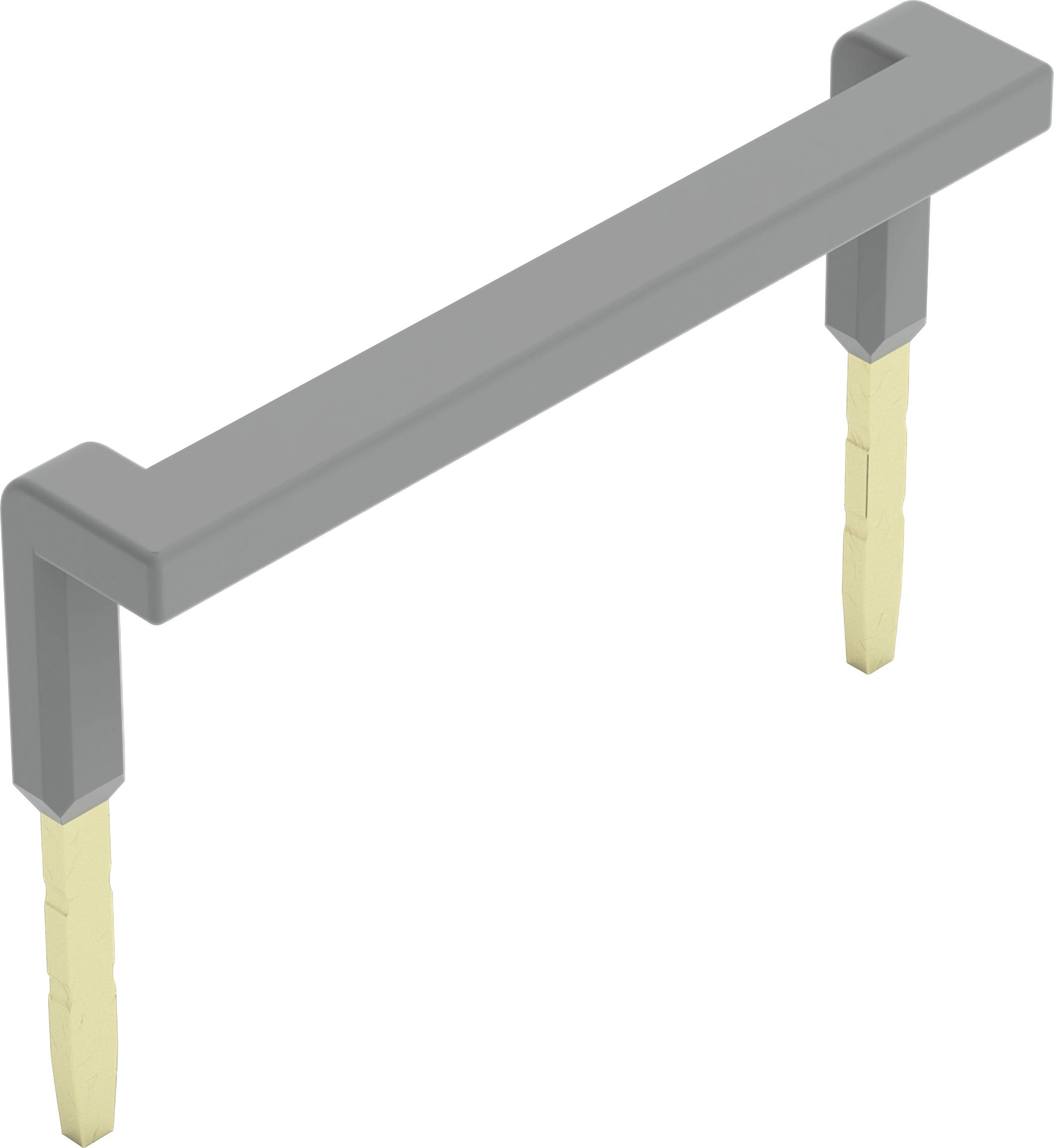 Un connecteur électrique gris en forme de pont avec deux broches dorées.