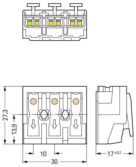 Schéma technique d'un bloc de connecteurs avec trois bornes à vis, montrant les vues de dessus et latérales avec les dimensions étiquetées : 27,3 x 30 x 13,9 mm.