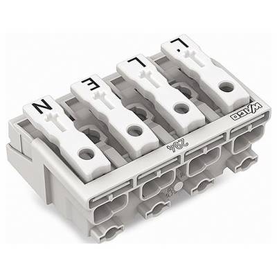 Un bloc connecteur électrique WAGO gris avec quatre leviers blancs étiquetés « L », « E », « L », « N » pour les connexions de câblage.