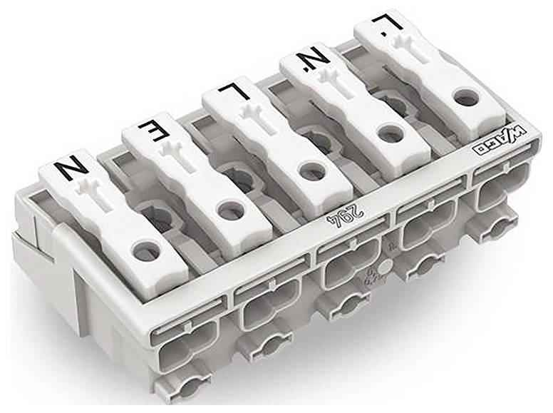 Bloc de connecteurs électriques avec cinq bornes étiquetées : « L », « N », « E », « N », « L ». Utilisé pour les connexions de câblage.