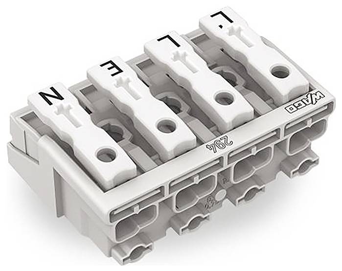 Bloc de connecteurs électriques avec quatre bornes étiquetées N, L, L et L. Conçu pour les connexions de câblage électrique.