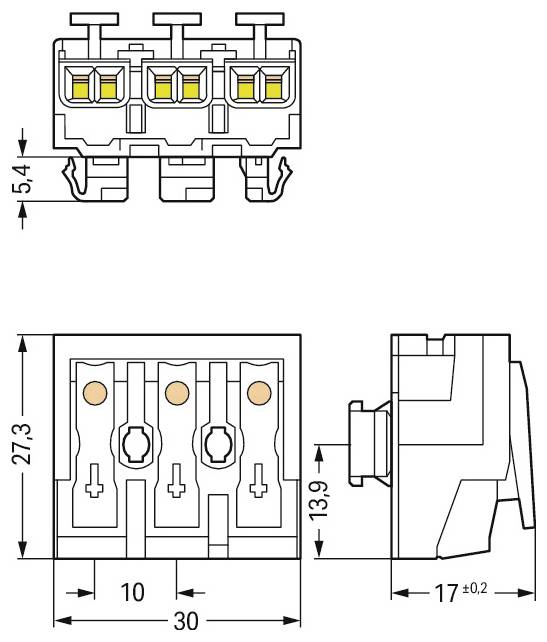 Dessin technique d'un bloc de bornes à trois pôles, illustrant les dimensions : largeur 30 mm, hauteur 27,3 mm, profondeur 13,9 mm.