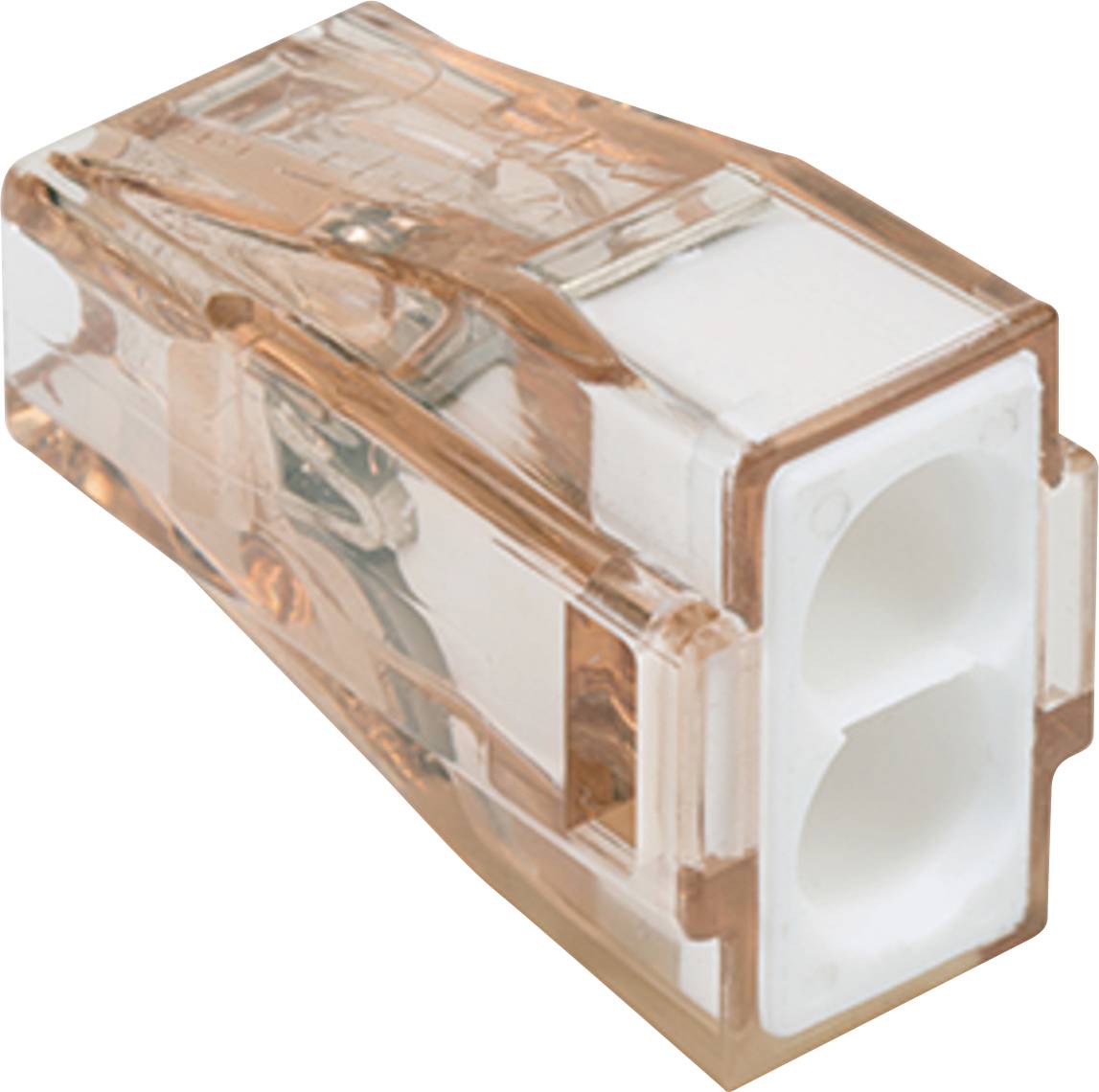 Un connecteur de fil électrique en plastique transparent avec deux fentes pour les fils, conçu pour connecter et isoler en toute sécurité le câblage électrique.