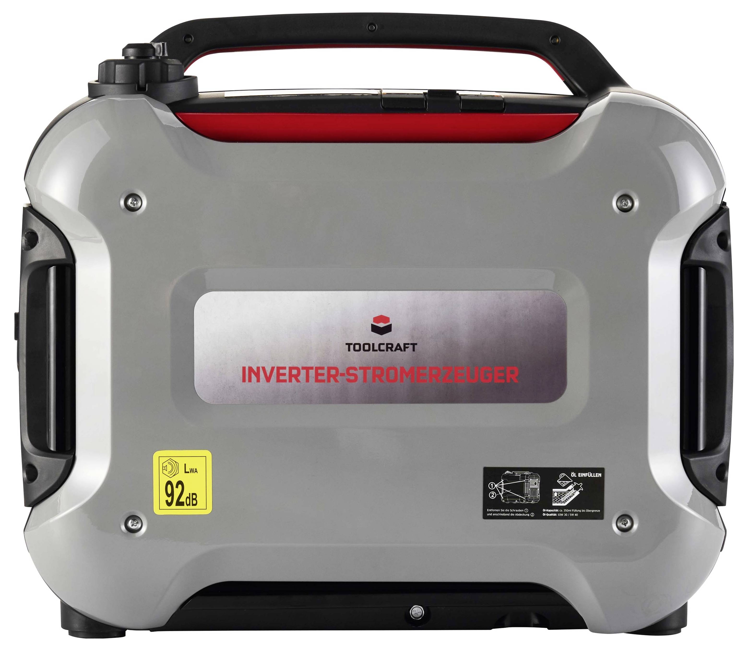 Générateur inverseur portable Toolcraft avec poignée, boîtier gris et noir, étiqueté « INVERTER-STROMERZEUGER » et classement sonore de 92 dB.