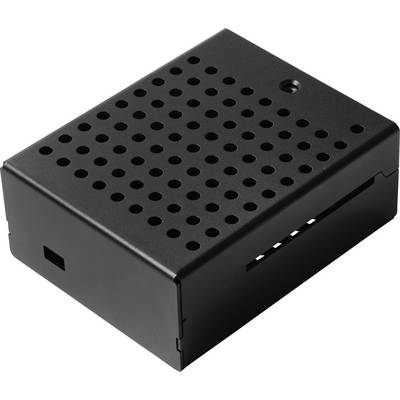 Un boîtier électronique noir aéré avec une grille de trous circulaires sur le dessus et un petit voyant indicateur dans le coin.