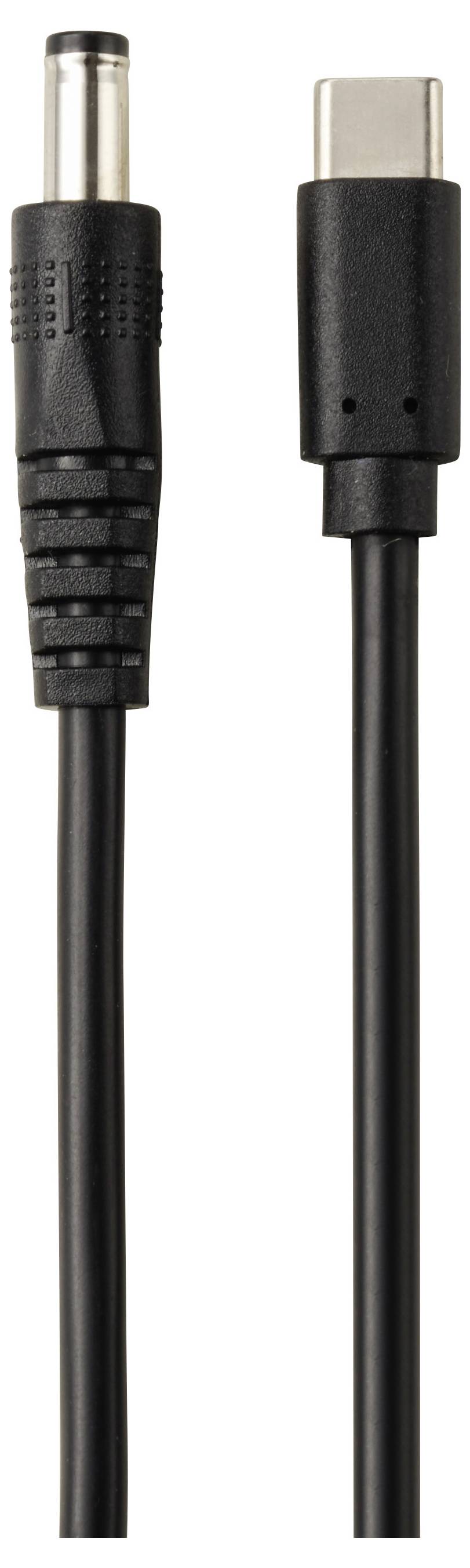Câble USB-C avec un connecteur d'alimentation de style cylindrique sur la gauche, présenté sur un fond blanc uni.