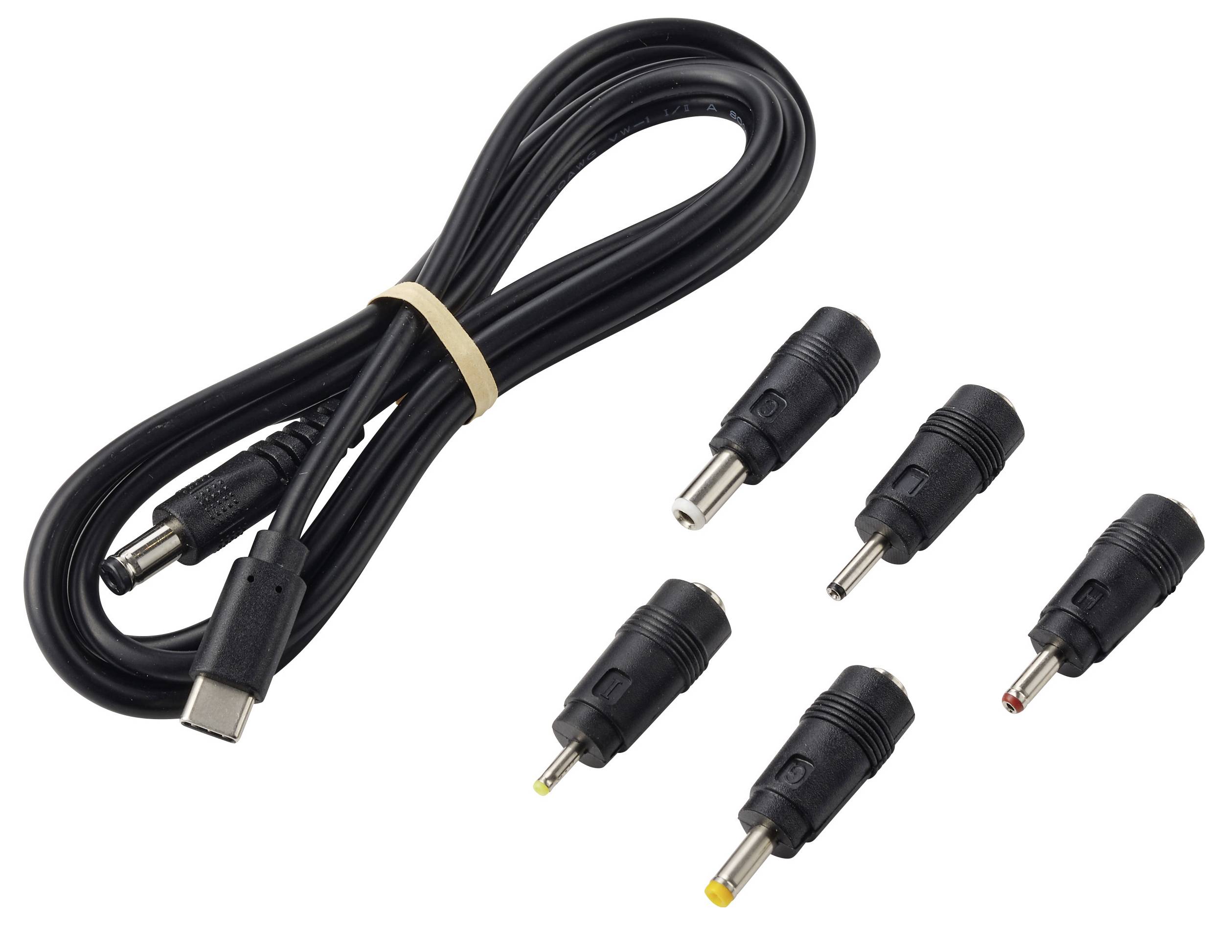 Câble USB-C avec cinq embouts adaptateurs DC à baril interchangeables présentés sur un fond blanc.