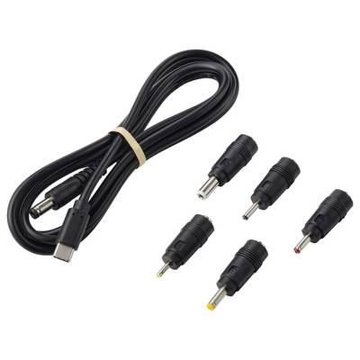 Câble USB-C avec cinq embouts adaptateurs DC à baril interchangeables présentés sur un fond blanc.