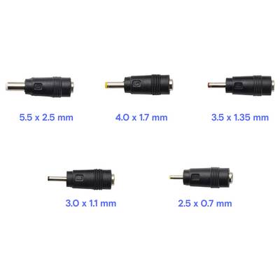 Diagramme montrant cinq tailles de connecteurs à fiche cylindrique CC étiquetées 5,5 x 2,5 mm, 4,0 x 1,7 mm, 3,5 x 1,35 mm, 3,0 x 1,1 mm et 2,5 x 0,7 mm.