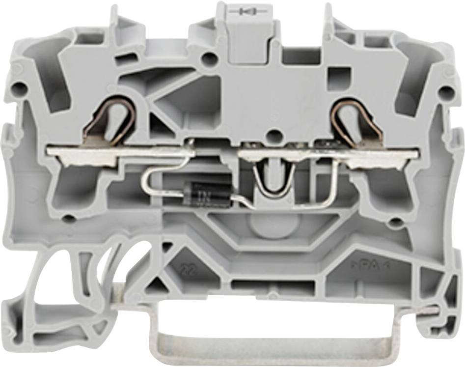 Coupe transversale d'un bloc de bornes électriques gris montrant les contacts métalliques internes et les canaux de serrage des fils.