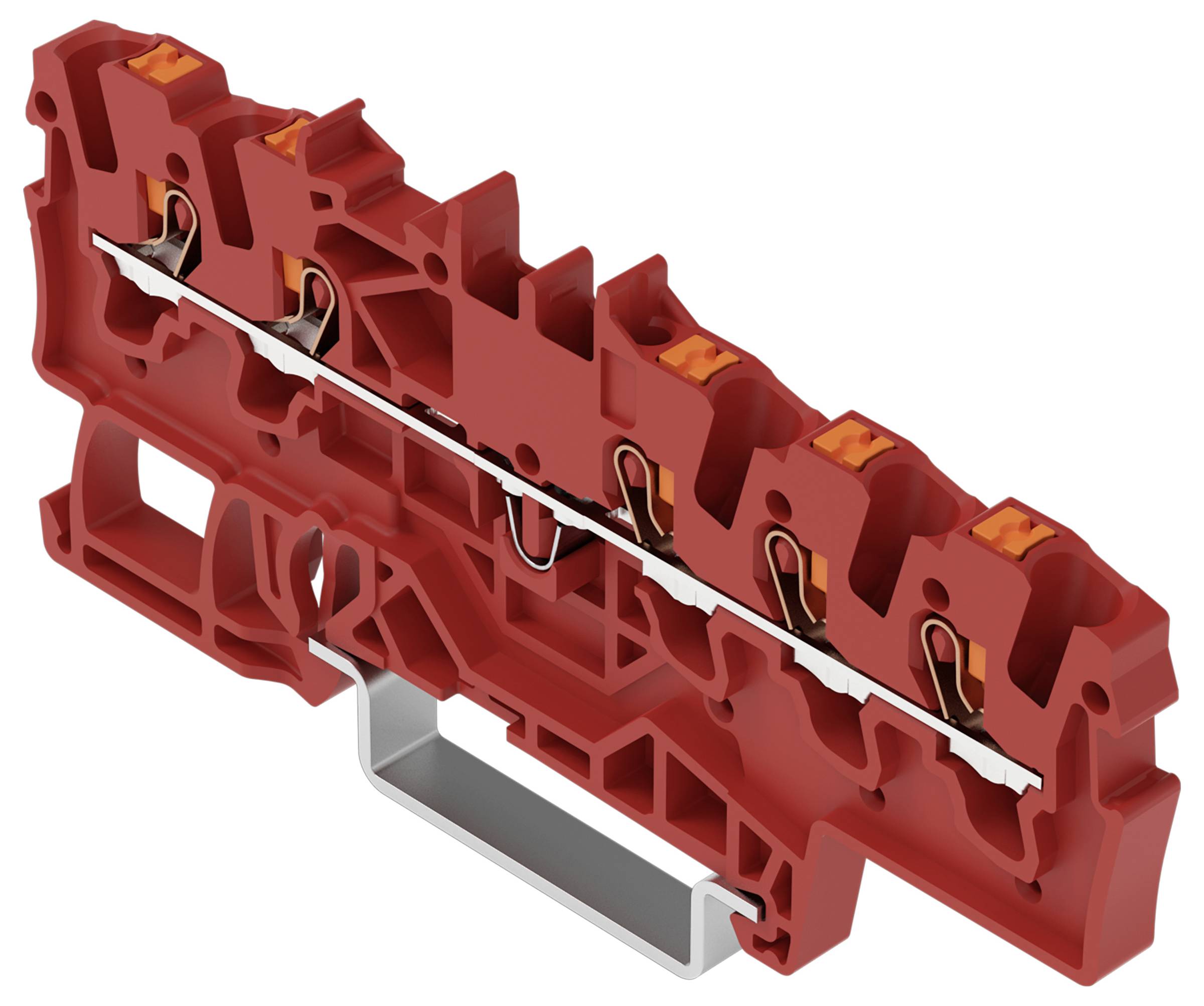 Un bloc de bornes rouge utilisé en génie électrique, montrant des contacts en cuivre et plusieurs points de connexion, conçu pour un montage sur rail.