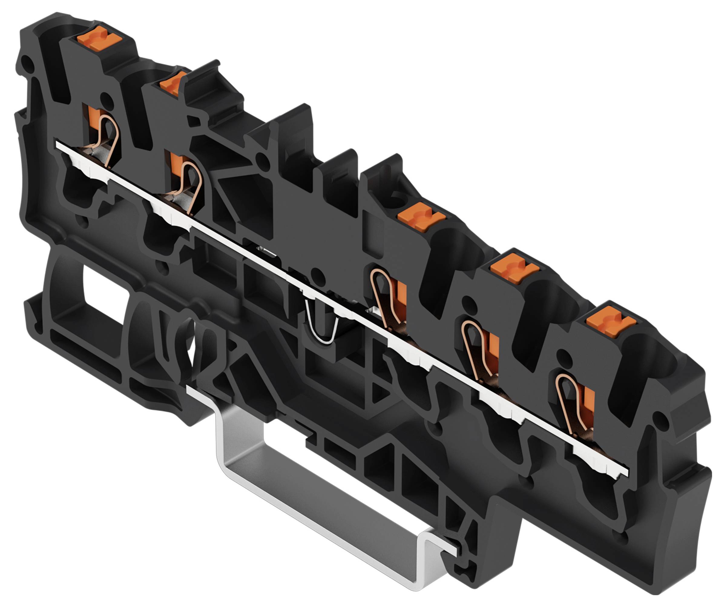 Un bloc de bornes électriques noir et orange avec plusieurs points de connexion, conçu pour des connexions de câbles sûres et organisées.