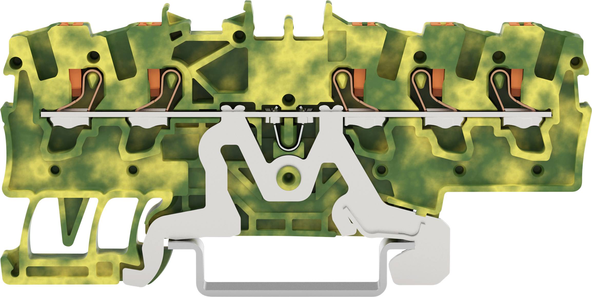 Vue en coupe transversale d'un composant mécanique avec une texture de camouflage et des pièces métalliques, mettant en évidence les mécanismes internes et la structure.