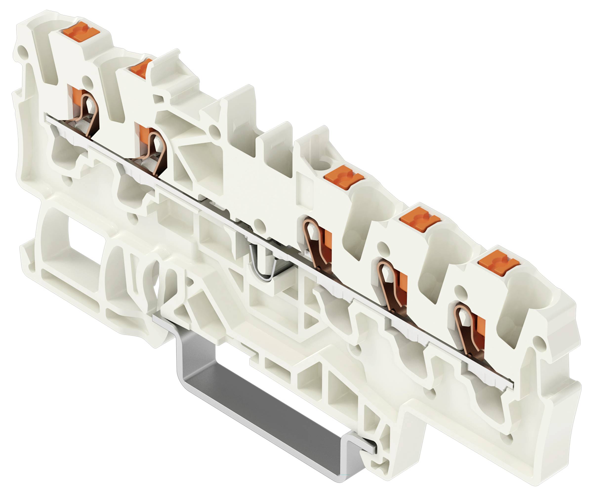 Un bloc de bornes en plastique blanc avec des leviers orange et des contacts métalliques pour les connexions électriques, monté sur un rail métallique.