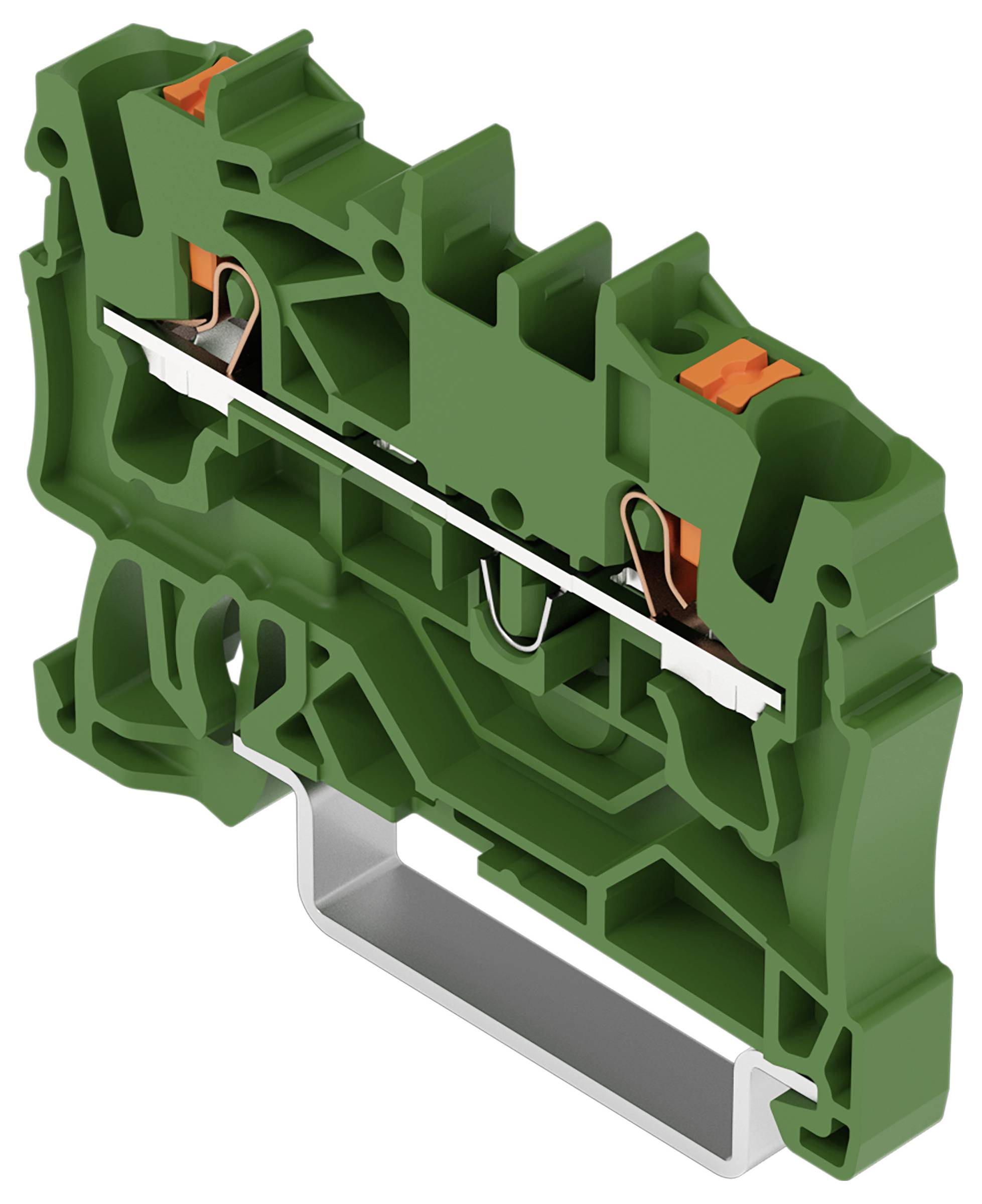 Bloc terminal vert et orange avec un composant métallique, utilisé pour raccorder les circuits électriques dans les applications industrielles.