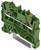 Bloc terminal vert et orange avec un composant métallique, utilisé pour raccorder les circuits électriques dans les applications industrielles.