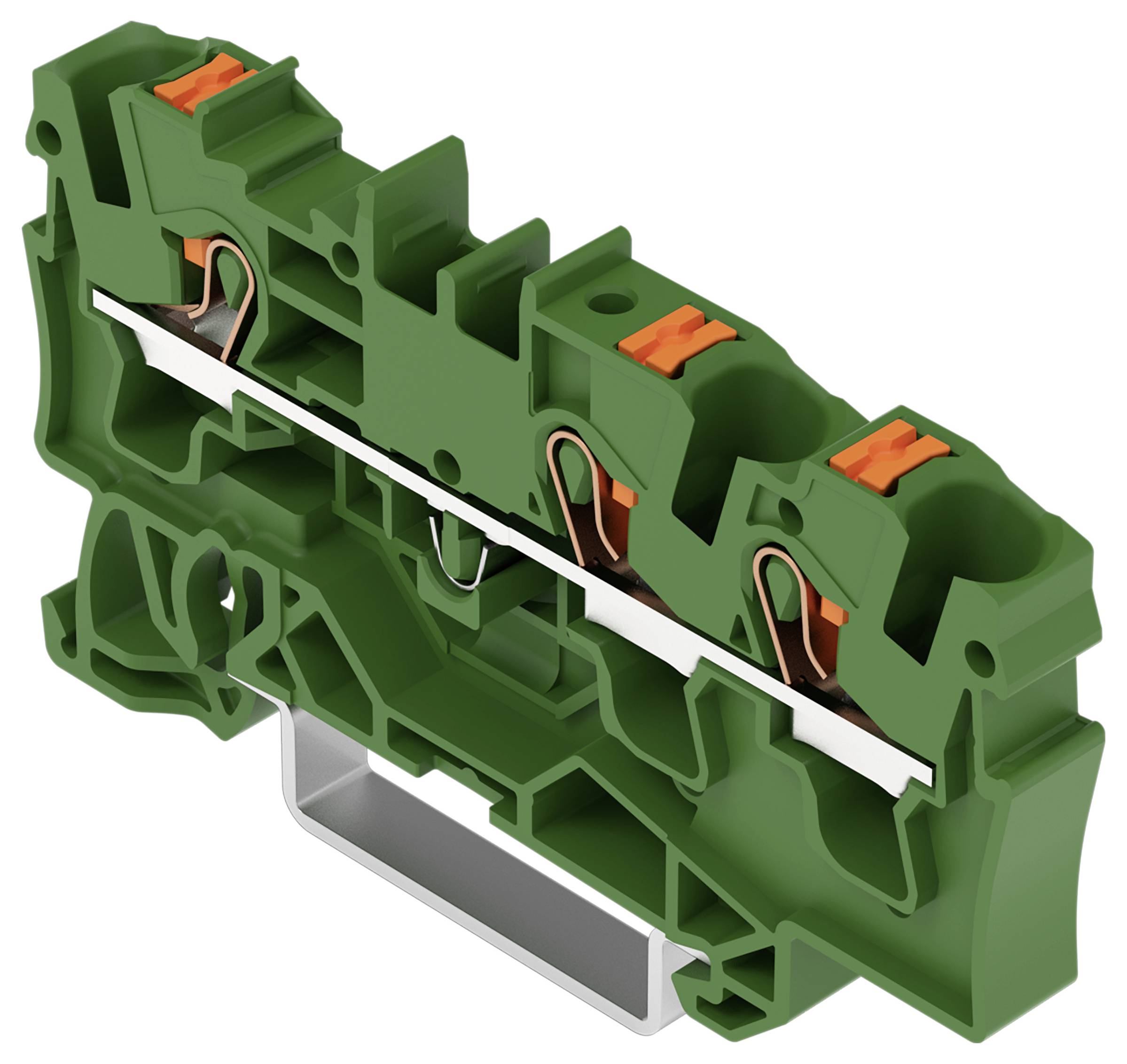 'Un bloc de bornes vert avec trois points de connexion pour fixer les fils électriques, équipé de leviers orange pour un fonctionnement et une installation faciles.'