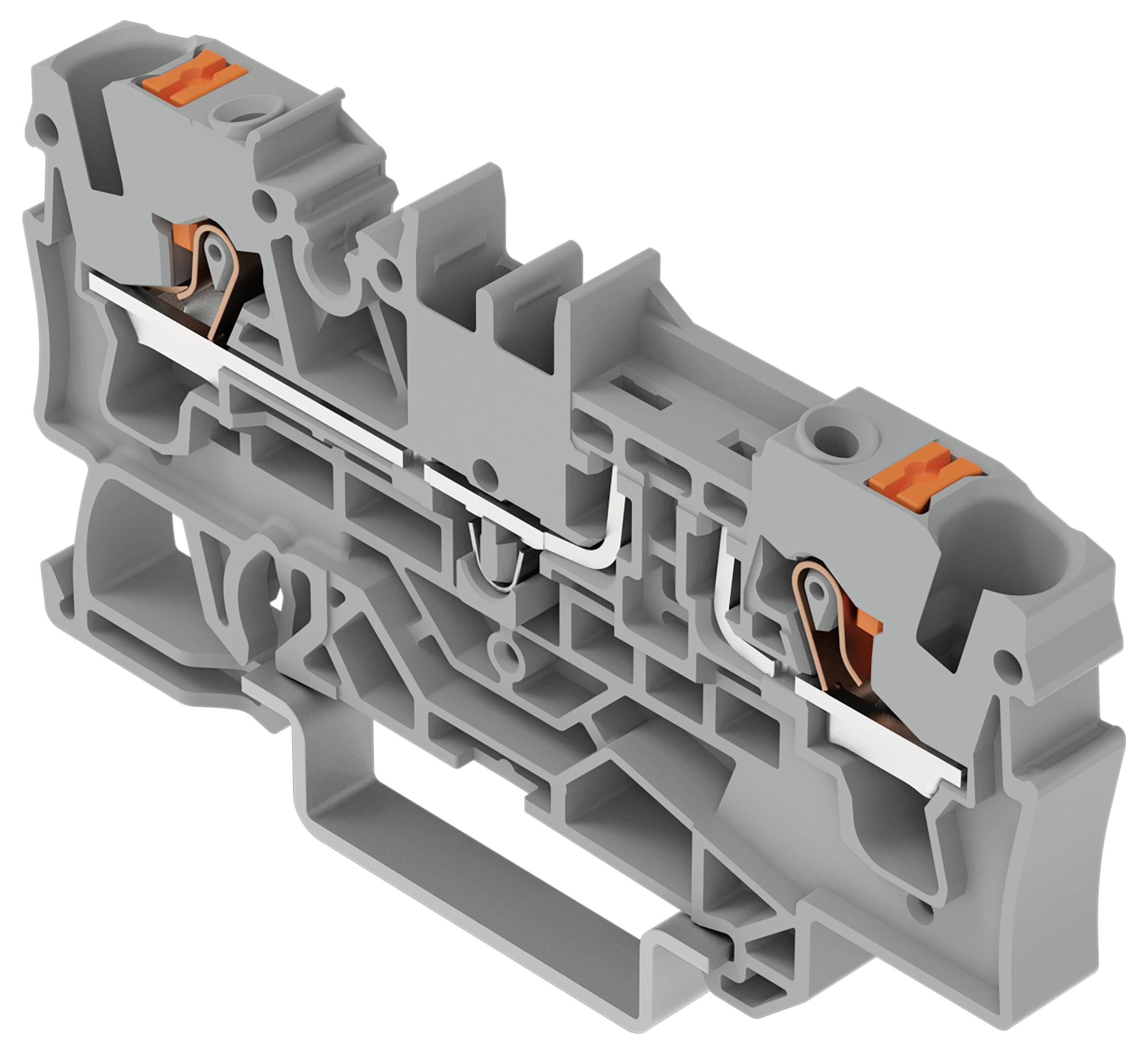 'Bloc de bornes gris avec leviers orange, doté de connecteurs métalliques internes, utilisé pour les connexions de câblage électrique dans les circuits.'