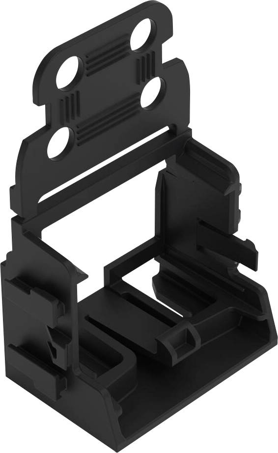 Clip ou support de montage en plastique noir avec plaque supérieure articulée et quatre trous de vis, montré en position ouverte.