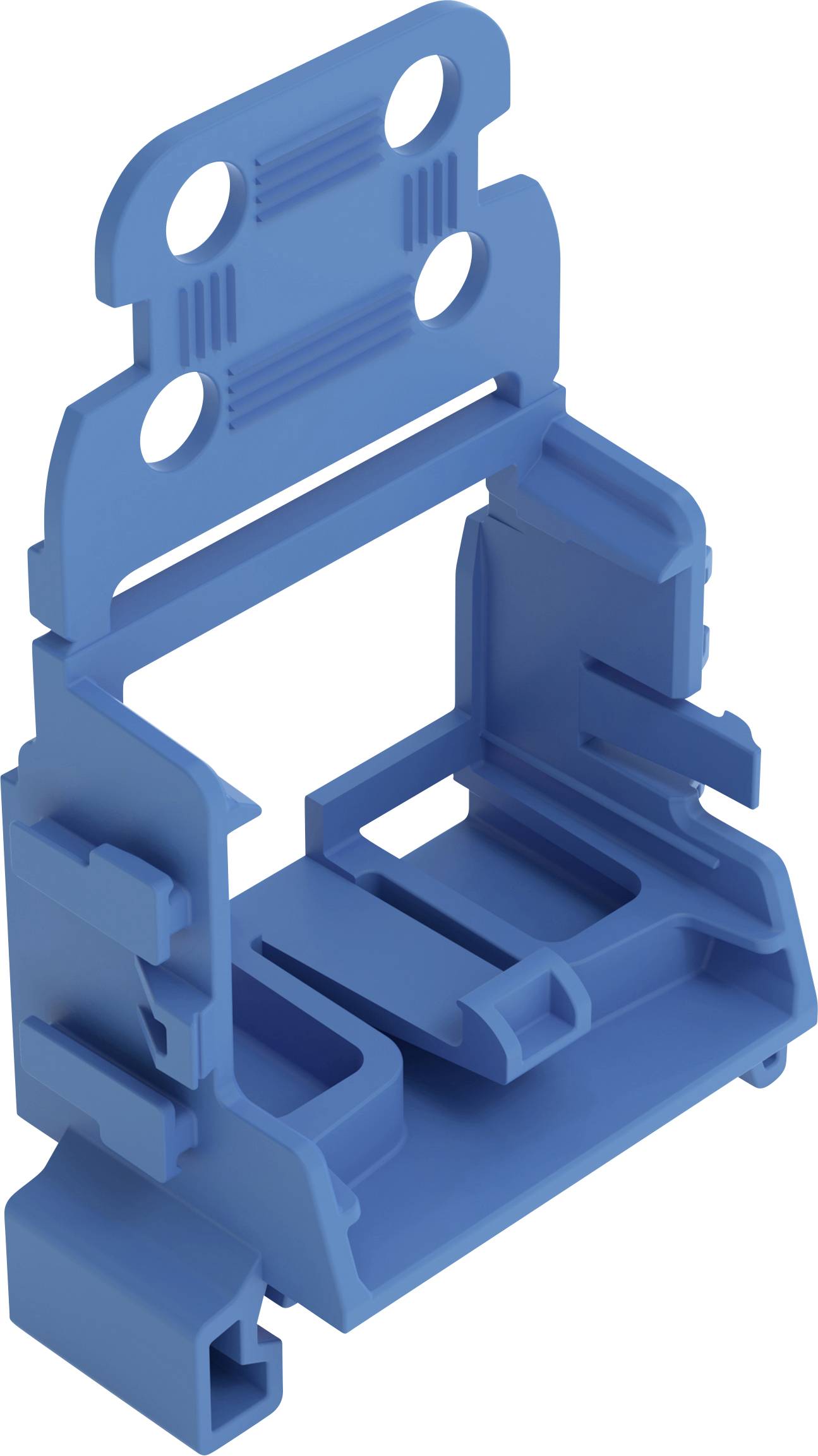 Un support en plastique bleu avec plusieurs fentes et trous pour le montage ou la fixation de composants. Il possède une structure de cadre ouvert verticale.