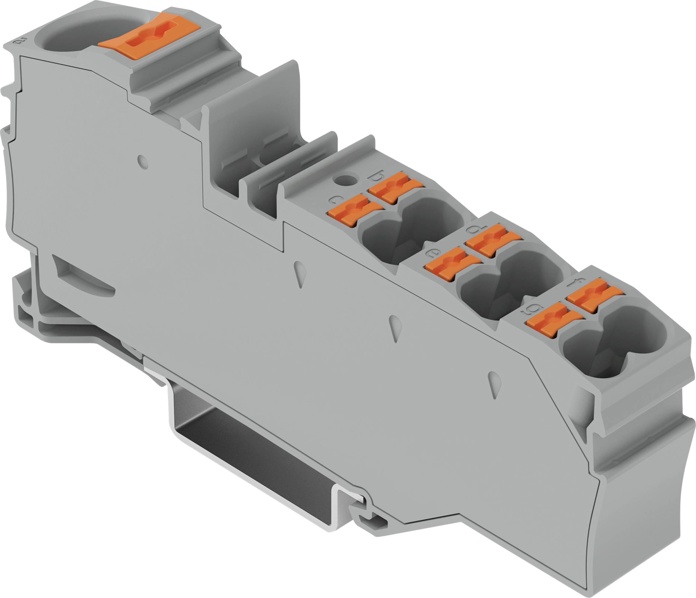 Un bloc de bornes gris avec plusieurs connecteurs de fils et des mécanismes de verrouillage orange, utilisé pour sécuriser les connexions électriques dans les appareils.