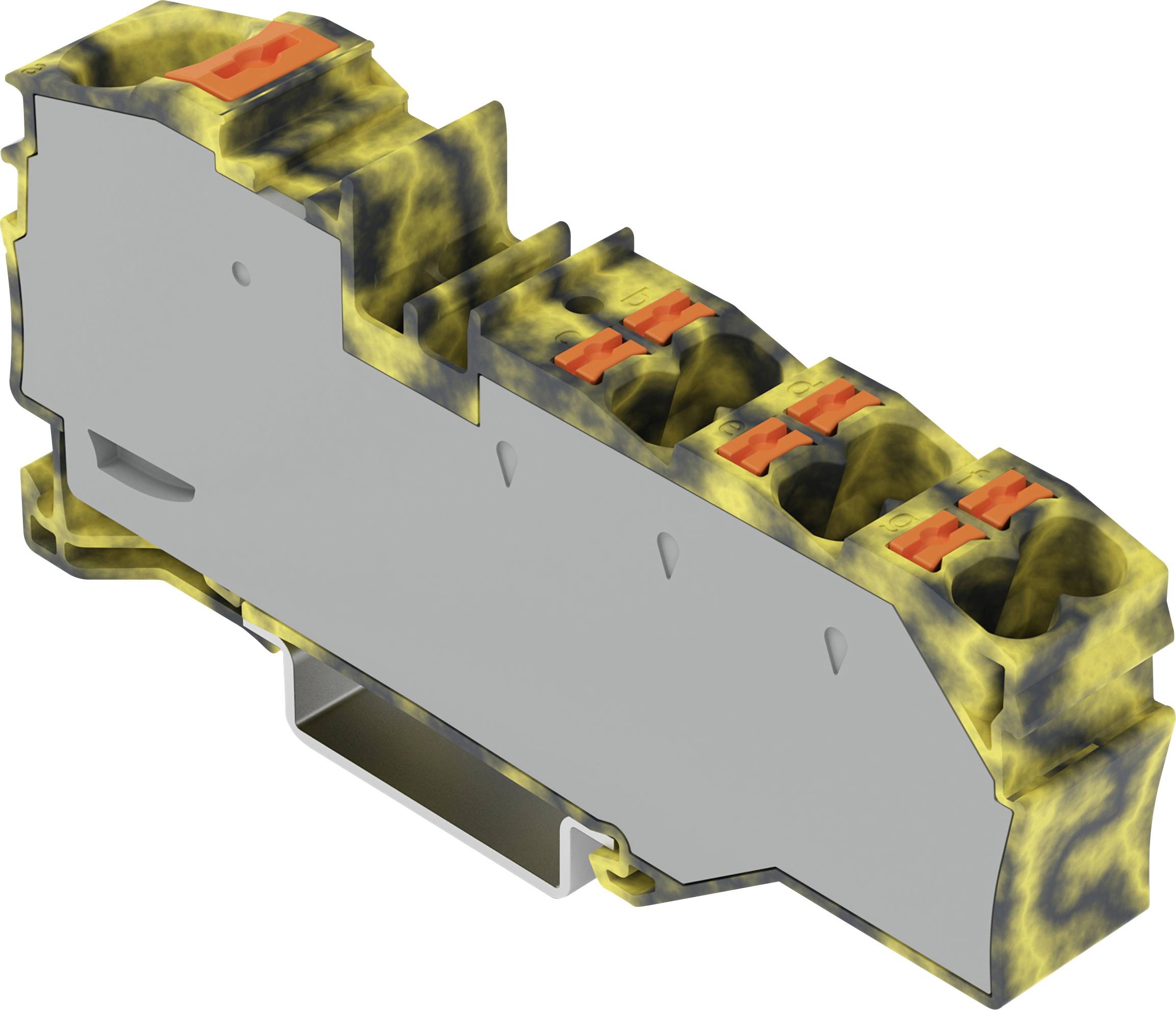 Un composant électrique industriel gris et jaune avec trois connecteurs rouges, probablement un bloc de connexion, conçu pour un montage sur rail.