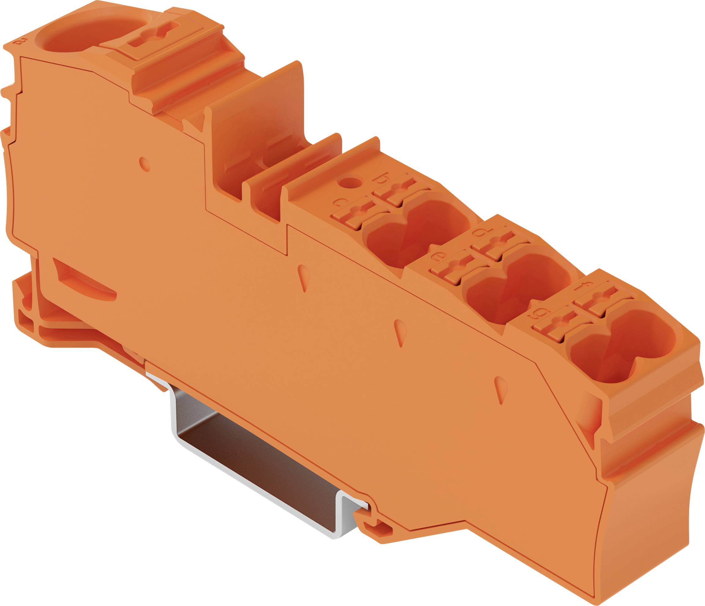 Un bloc de bornes de connexion orange avec plusieurs points de connexion, typiquement utilisé pour les installations électriques. Il est monté sur un rail DIN métallique.
