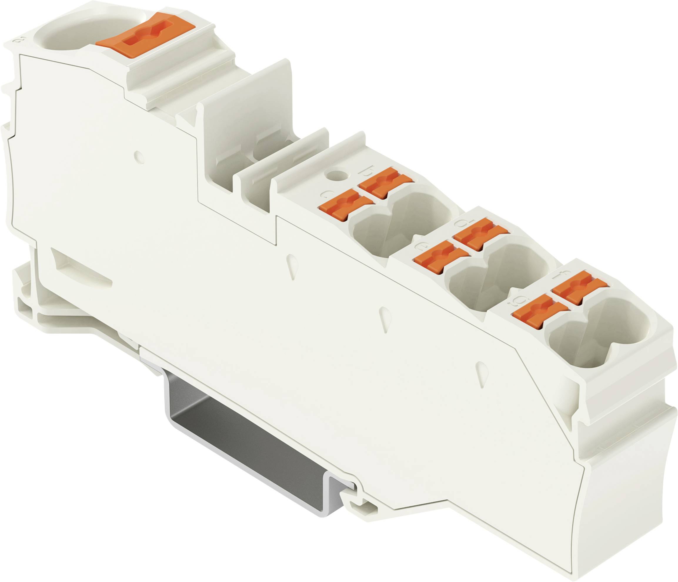 Un bloc de bornes électriques blanc avec plusieurs emplacements de connexion et des leviers orange, utilisé pour sécuriser et connecter des fils.