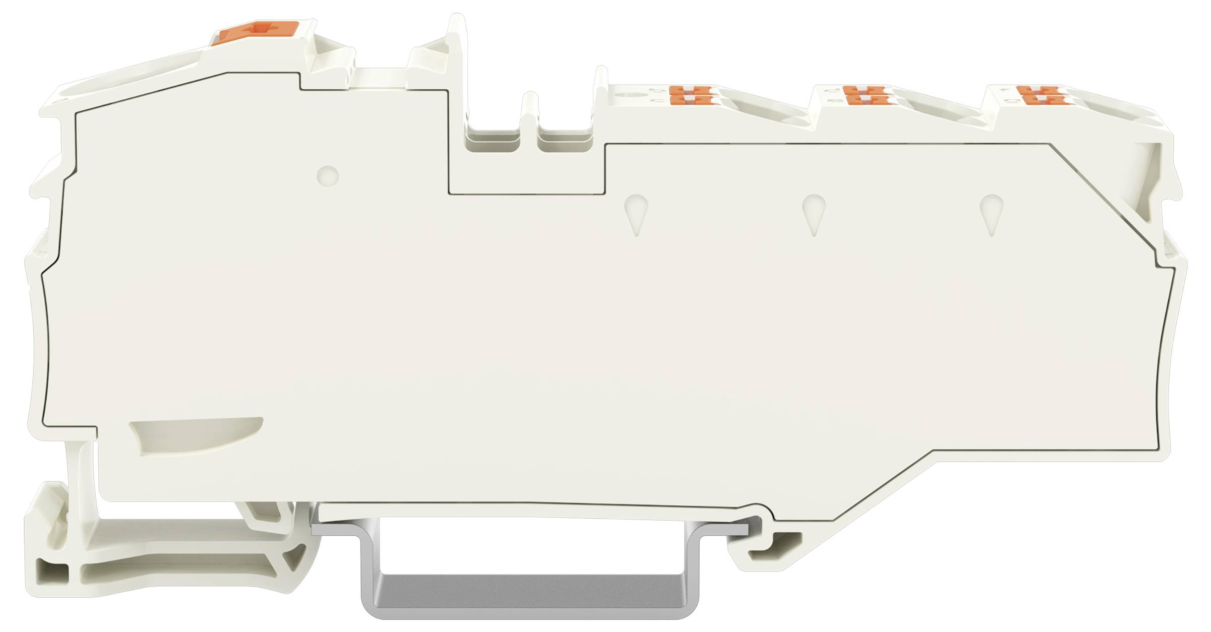 Un bloc de bornes électriques blanc avec des leviers orange, utilisé pour connecter des fils, monté sur un support de rail DIN gris.