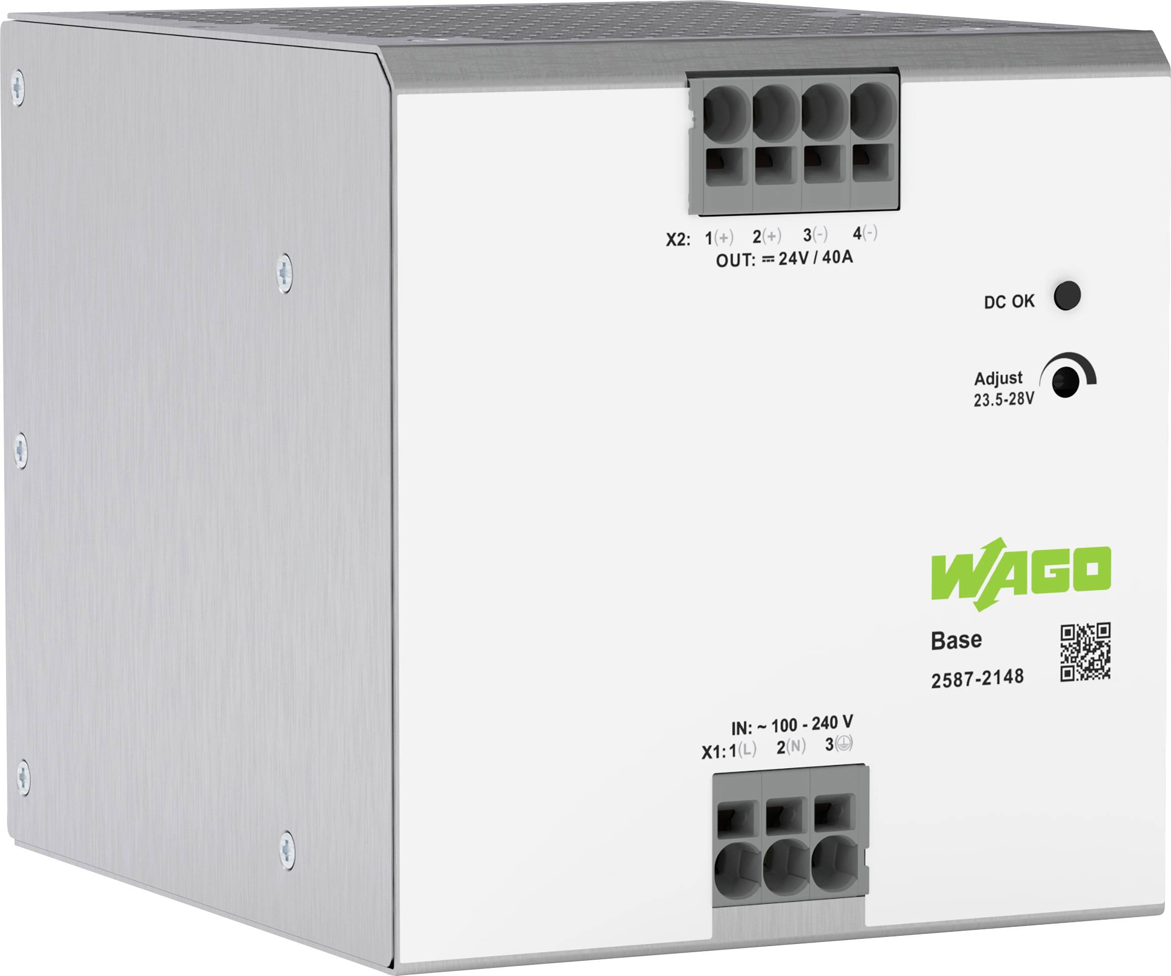 Un module d'alimentation WAGO gris étiqueté « Base » avec une entrée 100-240V et une sortie 24V/40A. Il dispose de boutons indicateurs d'ajustement et de contrôle continu DC.