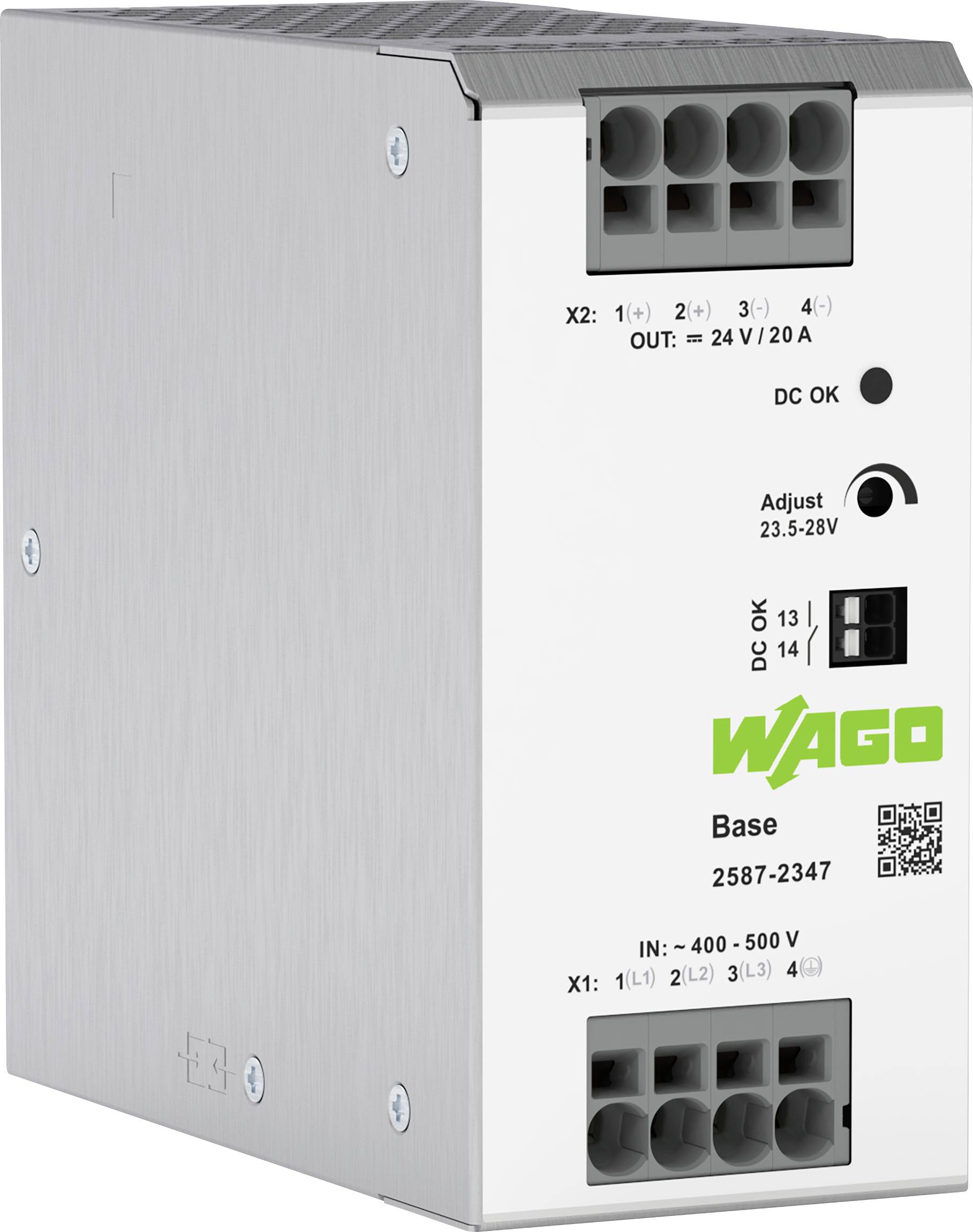 Alimentation 'WAGO', modèle 2587-2347, avec sortie ajustable de 23,5-28V à 20A. Entrée : 400-500V. Dispose d'un indicateur DC OK.