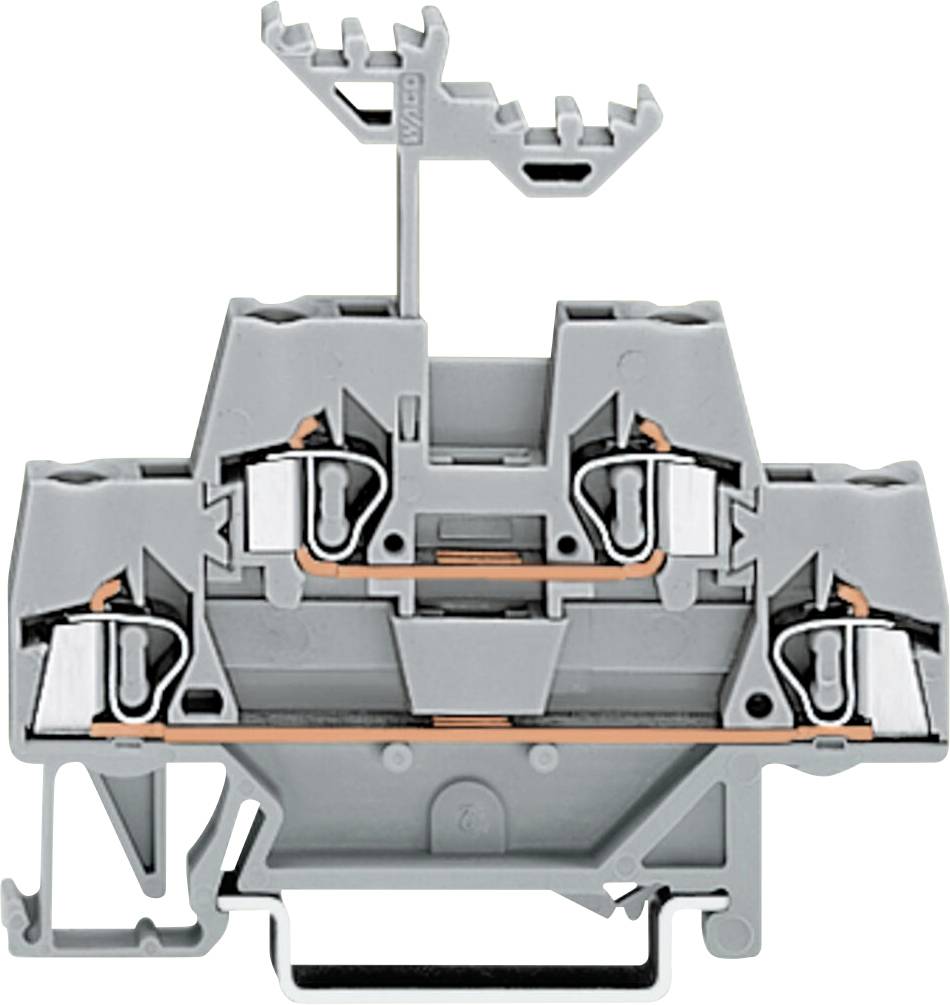 Coupe transversale d'un bloc de bornes électriques gris montrant les connexions à ressort interne et les canaux de câblage pour plusieurs fils.