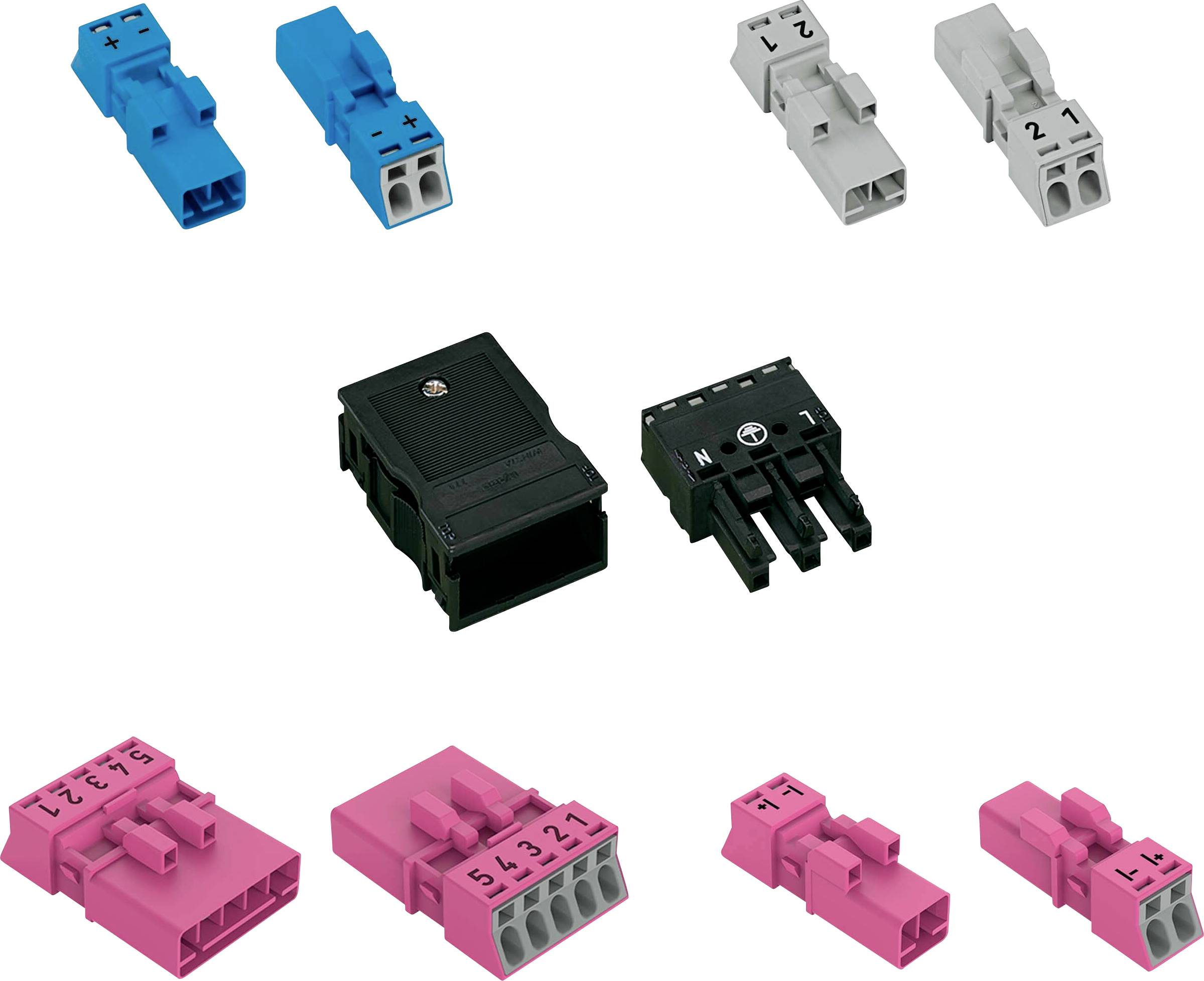 « Divers connecteurs électriques de couleurs différentes et blocs de bornes, étiquetés avec des numéros et des symboles, utilisés pour les connexions de composants électroniques. »
