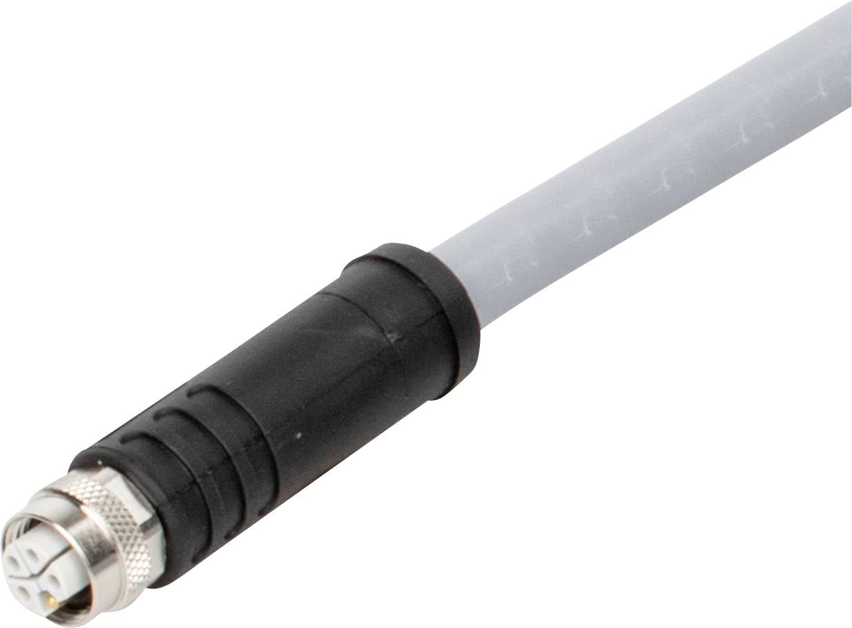 Un câble avec un connecteur cylindrique noir, présentant une pointe métallique, connecté à un câble gris.