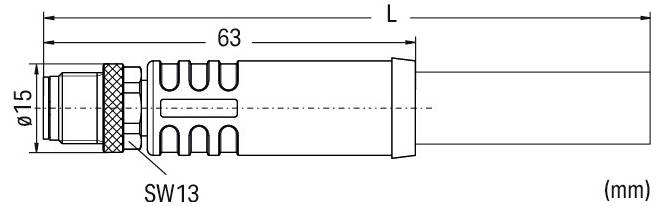 Dessin technique d'une fiche cylindrique. Longueur marquée « L », diamètre indiqué « ø15mm », avec section étiquetée « SW13 » et segment « 63mm ».
