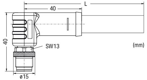 Dessin technique d'un connecteur à angle droit avec des dimensions étiquetées : longueur 40mm, largeur 40mm, diamètre 15mm, et 'SW13'.
