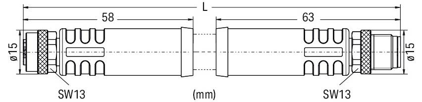 'Dessin technique d'un connecteur avec dimensions : longueur totale (L) non spécifiée, sections de 58mm et 63mm, et diamètres de 15mm. Marqué SW13.'