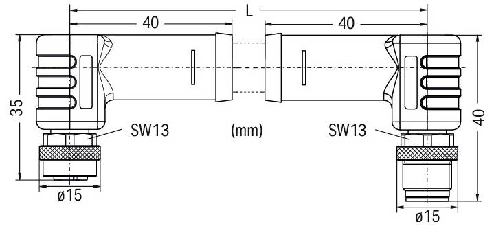 Raccord de tuyauterie à coude double 90 degrés avec dimensions : hauteur de 35 mm à gauche, hauteur de 40 mm à droite, longueur de 40 mm, sorties de diamètre 15 mm, SW13.