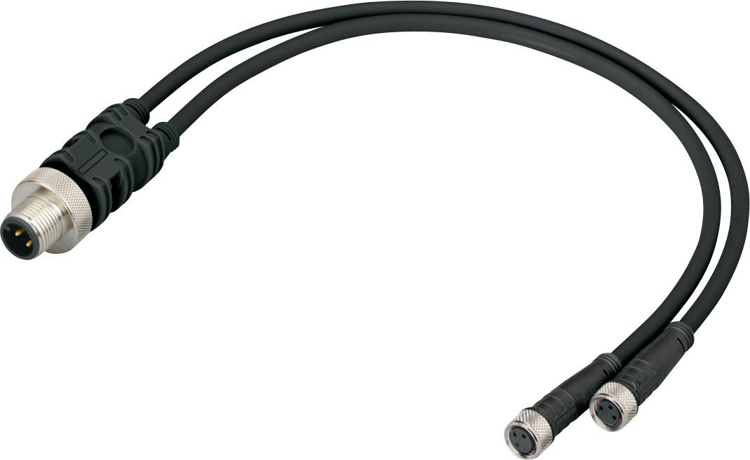 Un câble en forme de Y utilisé dans les applications industrielles, avec un grand connecteur à une extrémité se divisant en deux connecteurs plus petits à l'autre extrémité, utilisé pour la transmission de signaux.