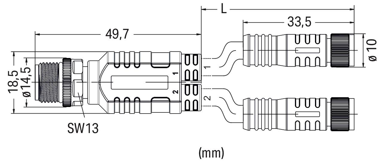 Un dessin technique d'un connecteur en forme de T avec des dimensions indiquées, montrant une longueur de 49,7 mm, une hauteur de 18,5 mm et une longueur de tige de 33,5 mm.