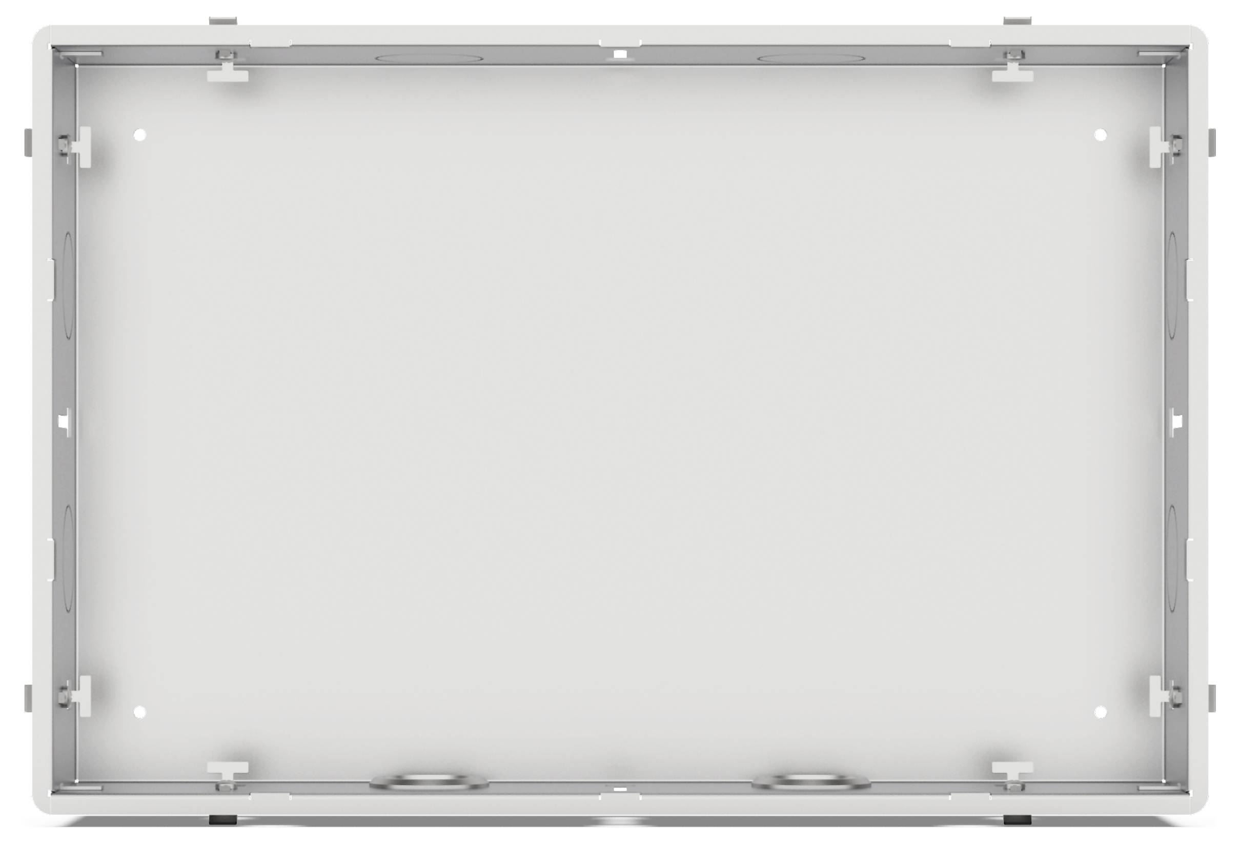 Un cadre métallique rectangulaire vide, gris clair, avec des supports de montage de chaque côté. Convient pour maintenir un panneau ou un écran.