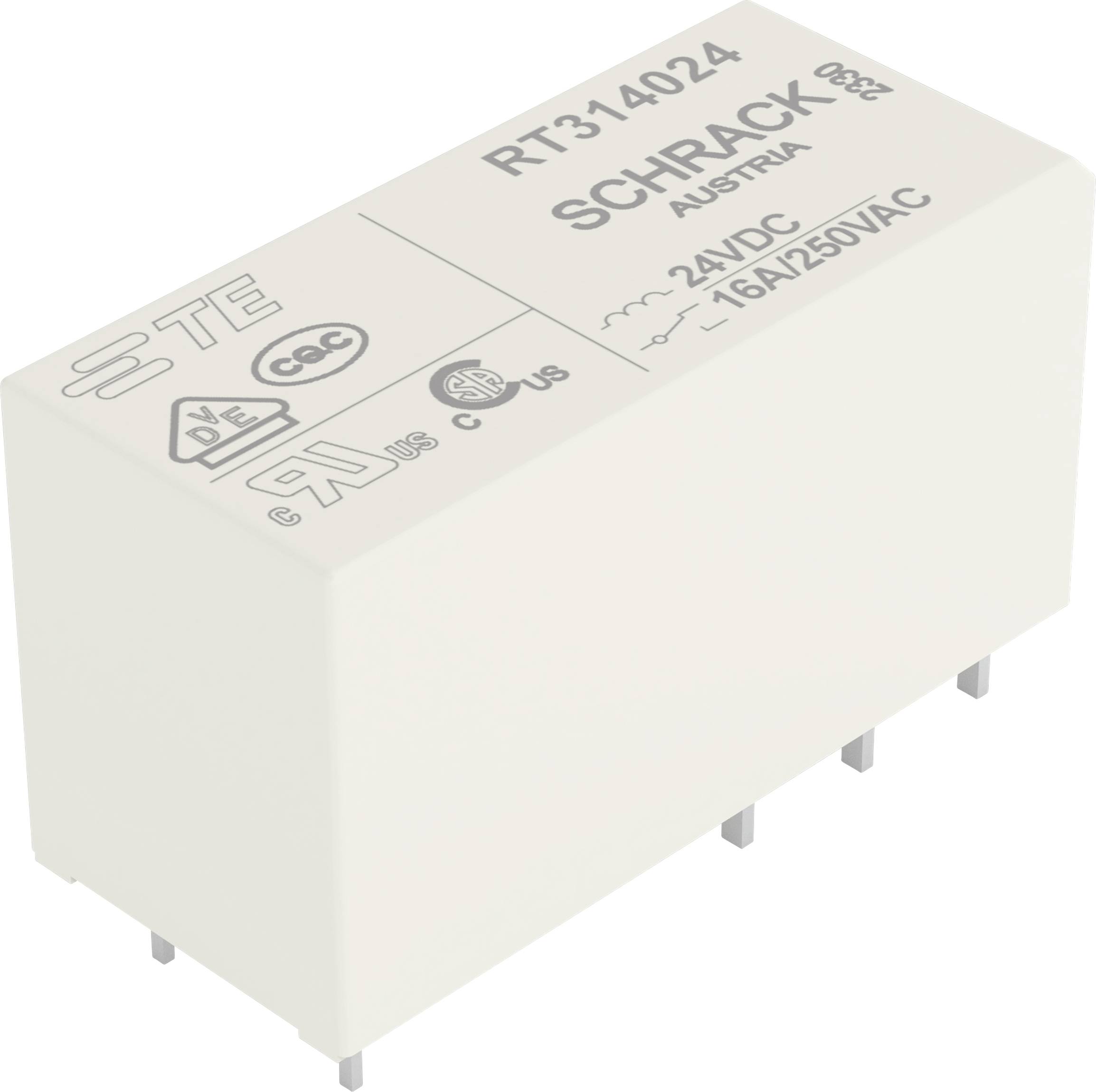 Un relais électronique rectangulaire blanc de marque « Schrack » portant les inscriptions « RT314024 », « 24VDC » et « 16A/250VAC », présentant plusieurs symboles de certification électrique.