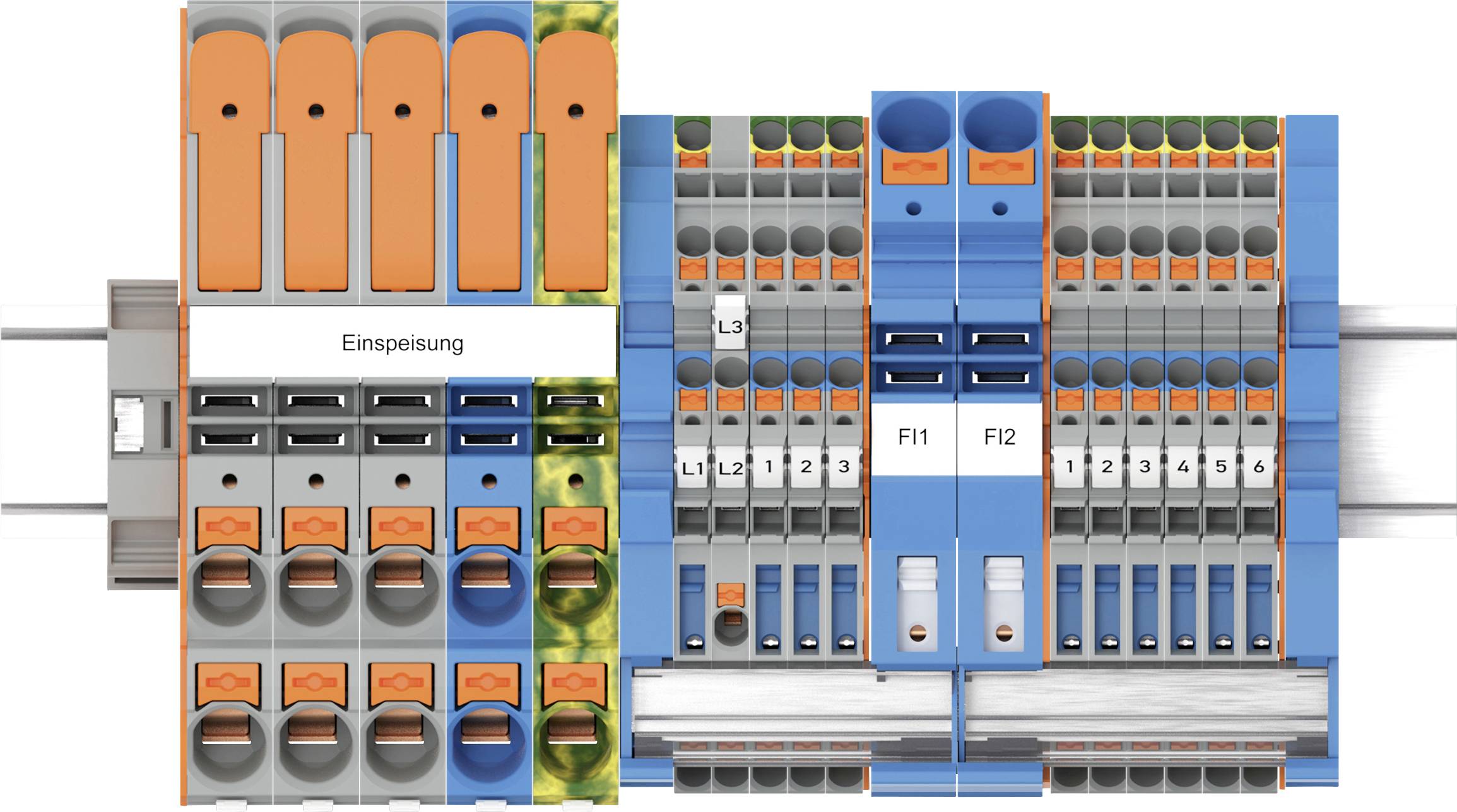 Panneau électrique avec disjoncteurs et fusibles étiquetés, présentant une section « Alimentation » sur la gauche, avec des composants orange et bleu.