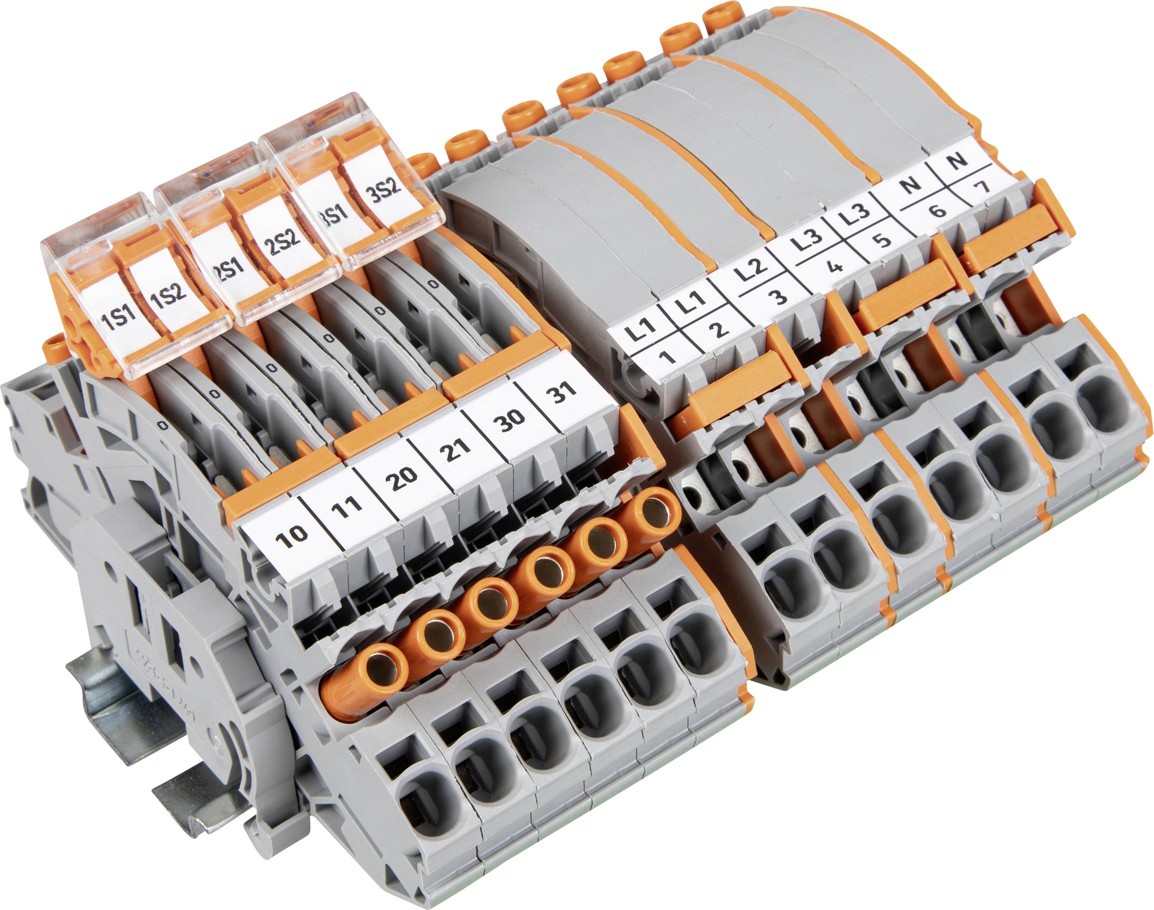 Un bloc de bornes modulaire avec des connecteurs étiquetés, présentant des composants orange et gris, pour organiser plusieurs circuits électriques.