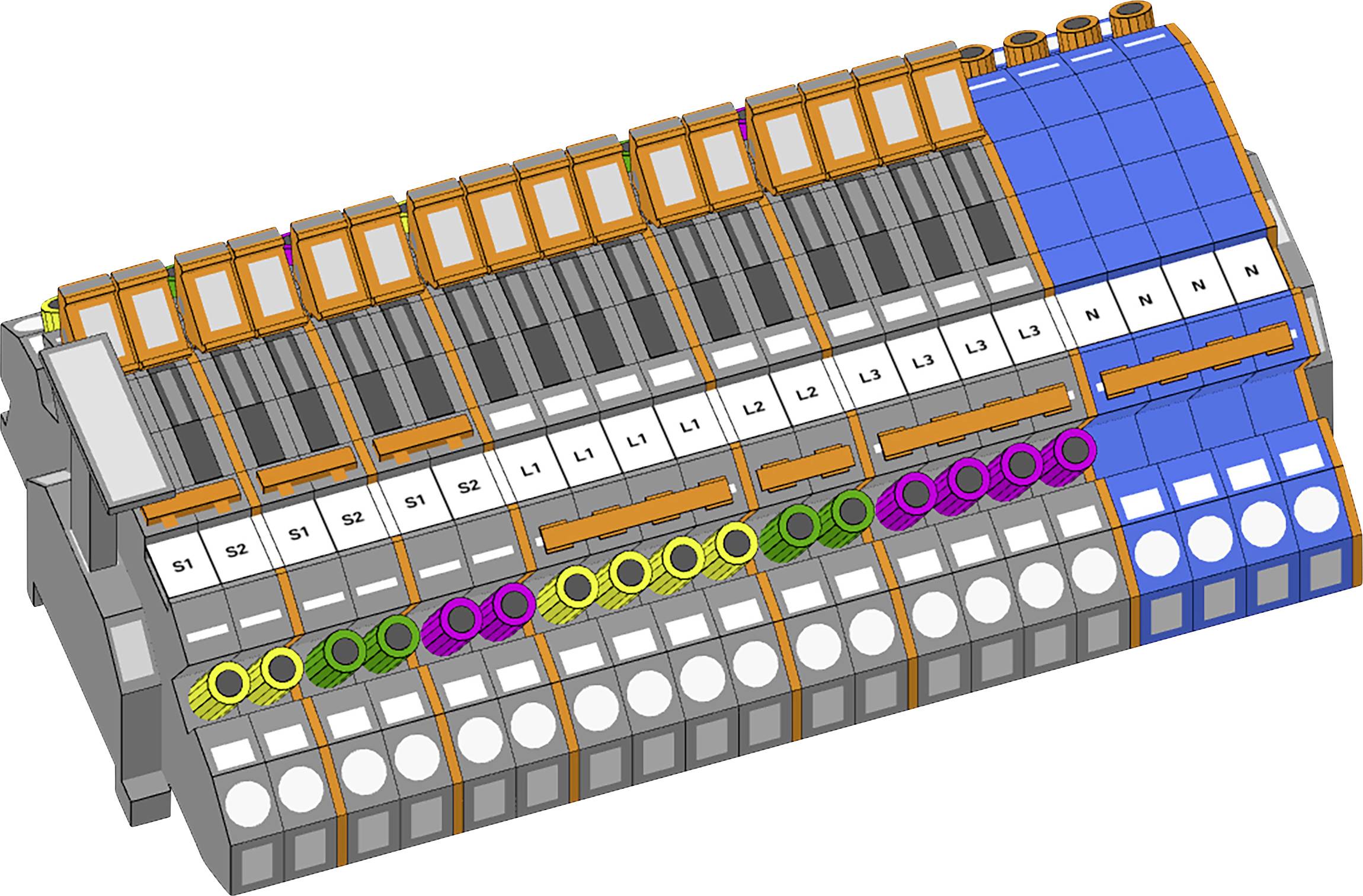 Image d'un bloc de connecteurs complexe avec plusieurs bornes étiquetées : S1, S2, L1, L2, L3, N. Les bornes sont codées par couleur et ordonnées numériquement.