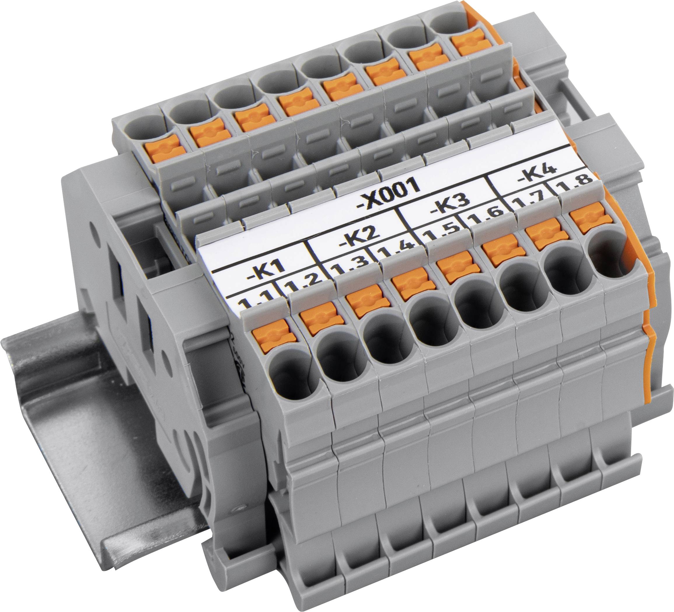 Un bloc de bornes gris avec plusieurs points de connexion, étiqueté avec des numéros et « K1 », « K2 », « K3 », « K4 » et « X001 », utilisé pour le câblage électrique.