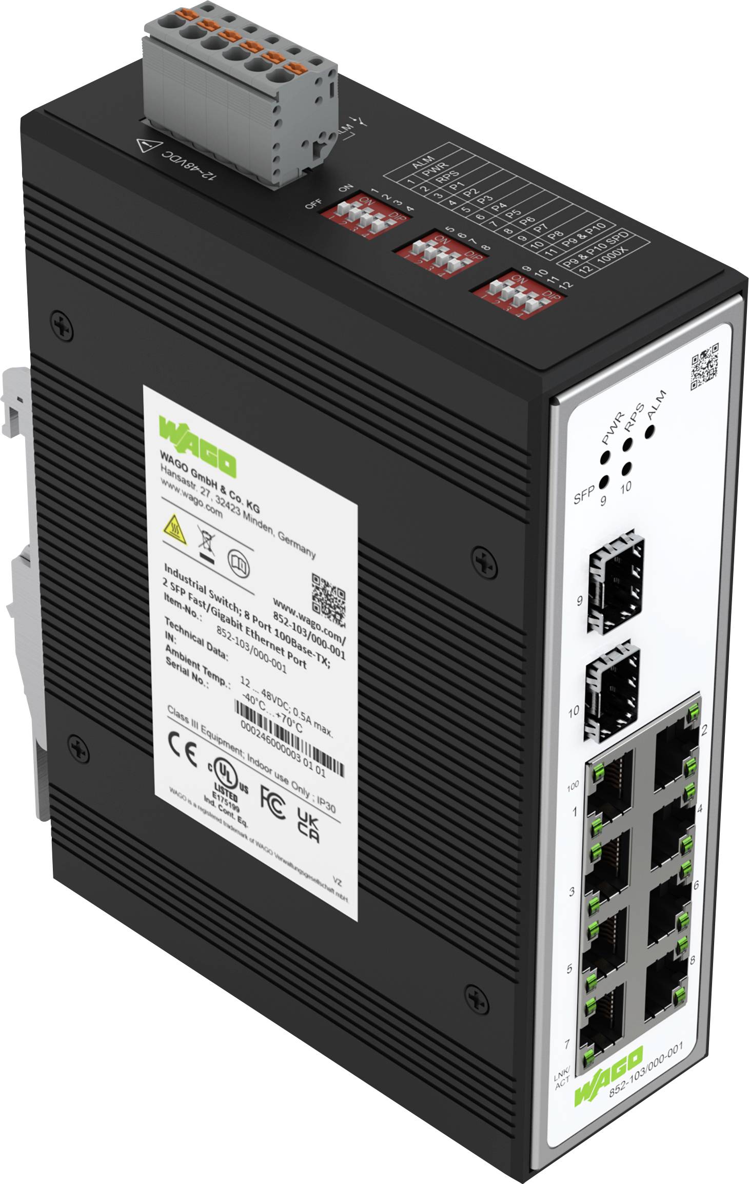 Commutateur Ethernet industriel avec plusieurs ports, des indicateurs LED et un connecteur d'alimentation sur le dessus. Numéro de modèle et détails techniques visibles.