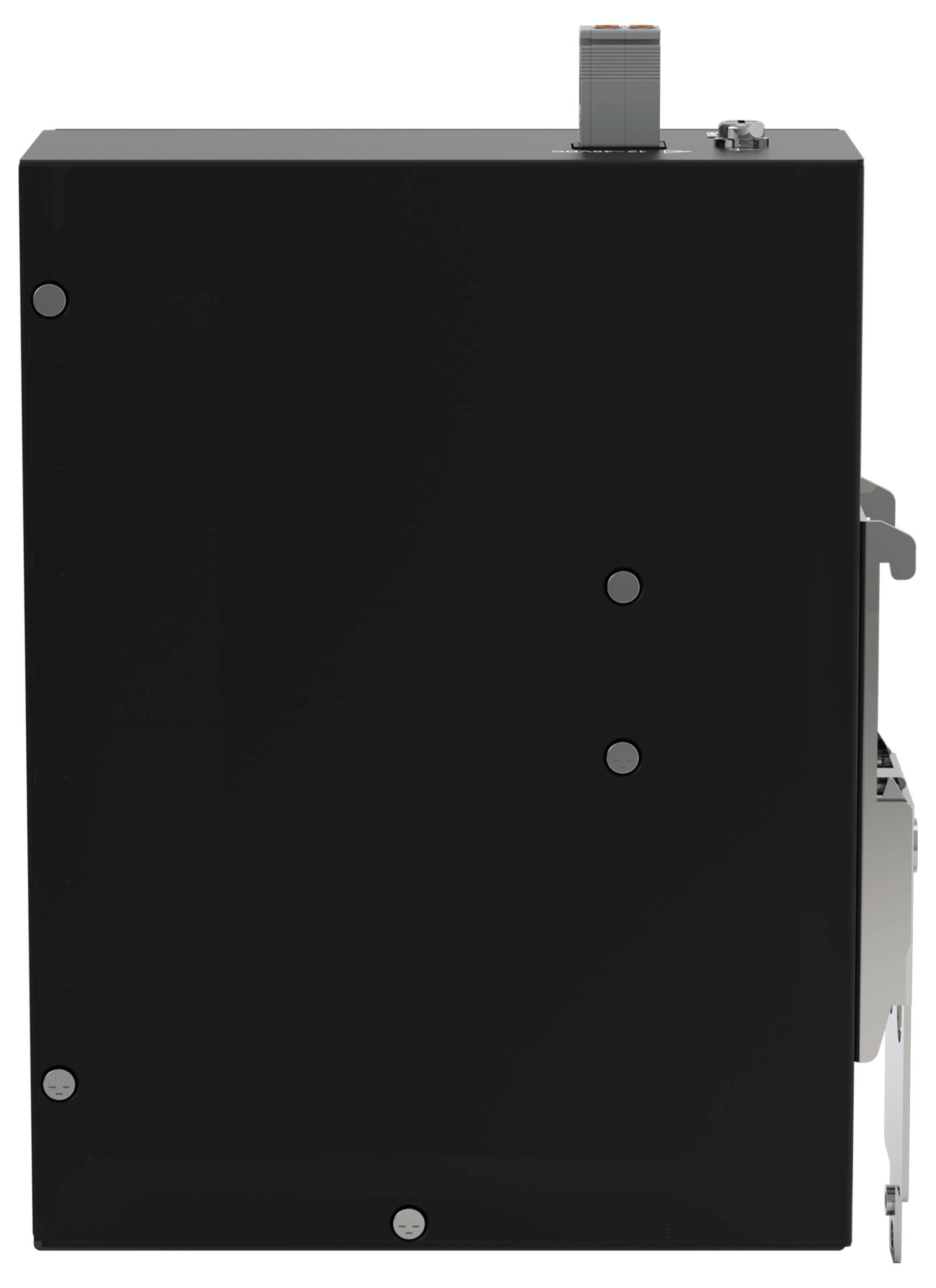 Un boîtier rectangulaire noir avec des connecteurs métalliques sur le dessus, probablement un composant de dispositif électronique ou industriel.