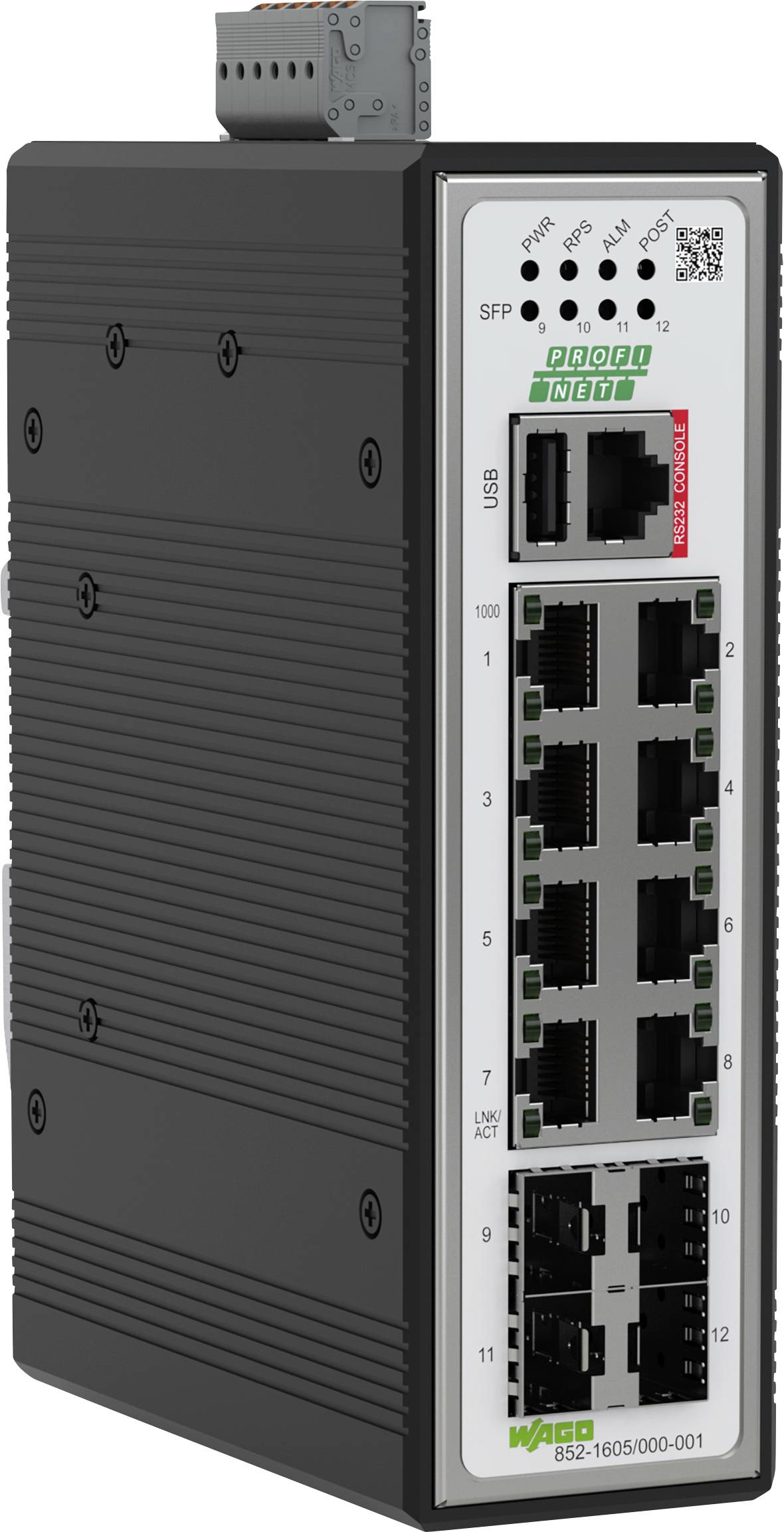 Commutateur Ethernet industriel avec 12 ports pour PROFINET, doté de connecteurs SFP et USB, conçu pour la gestion réseau et la connectivité.