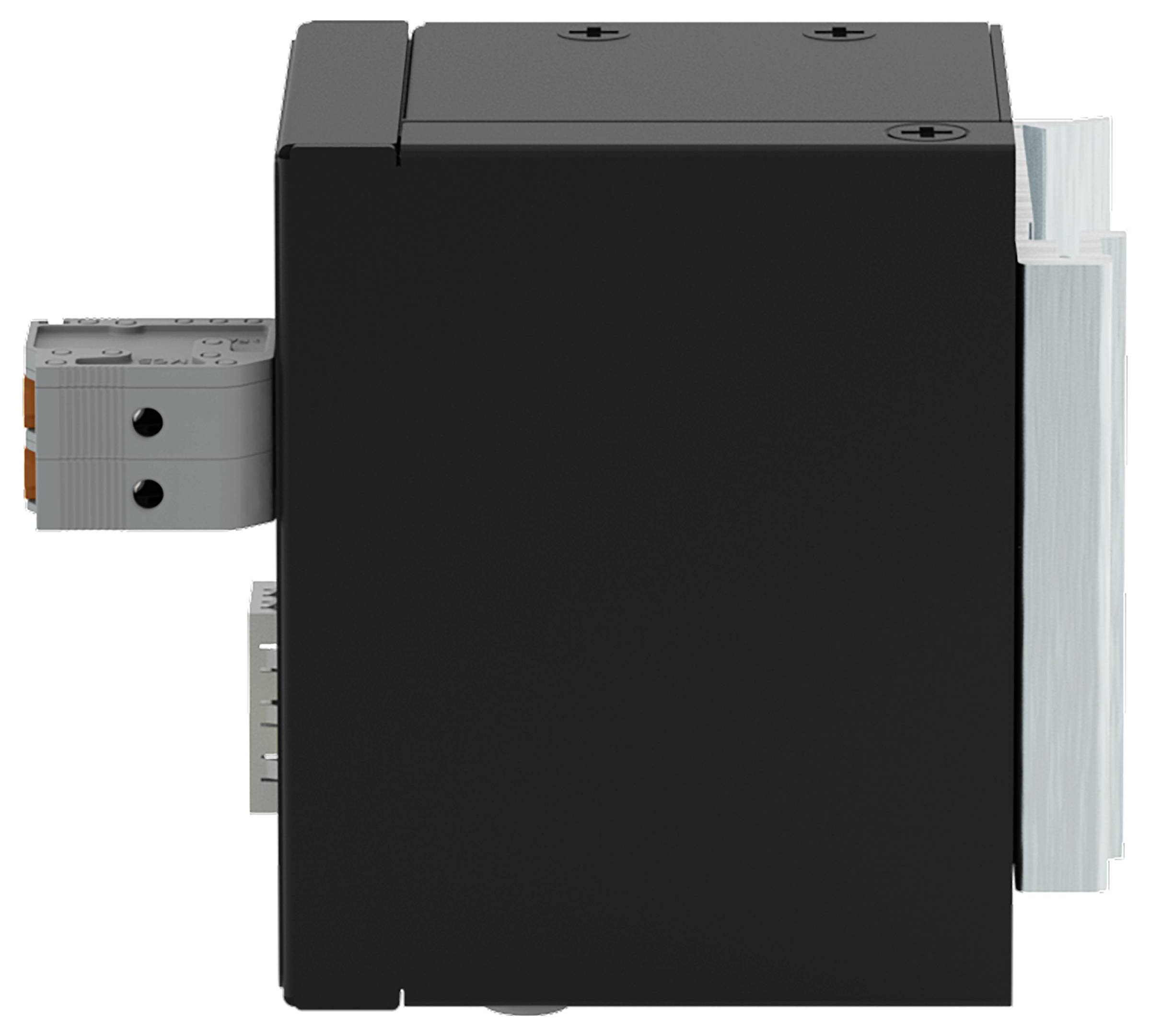 Un dispositif électronique cubique noir avec des connecteurs et des vis visibles, monté sur un support métallique.